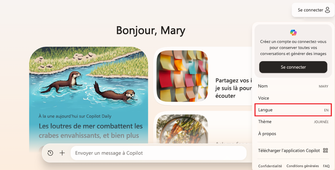 Capture d’écran mettant en évidence la fonctionnalité de paramètre de langue dans Copilot.