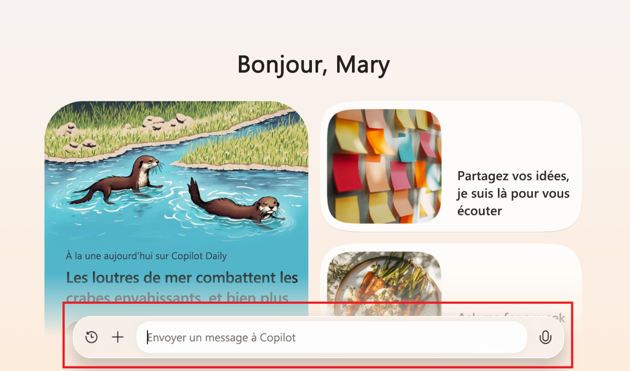 Capture d’écran montrant un utilisateur où envoyer un message à Copilot.