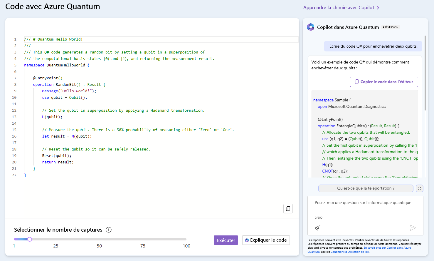 Capture d’écran de Copilot dans Azure Quantum montrant un exemple et la réponse de Copilot à une question pour générer du nouveau code.