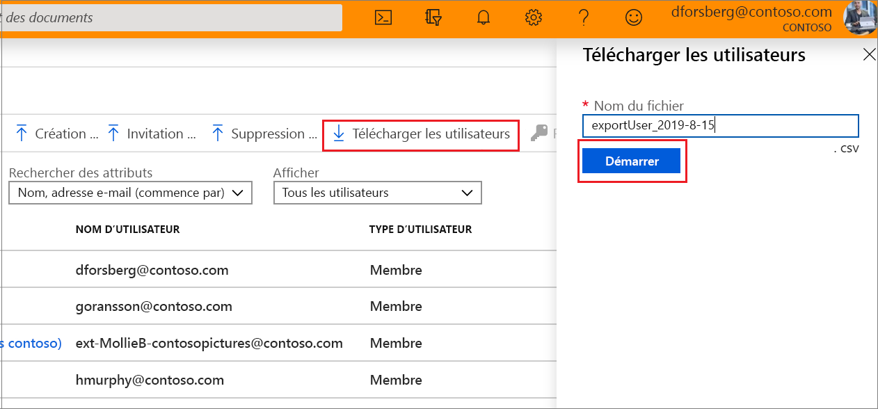 Azure portal showing button to download users CSV file.
