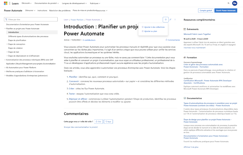 Capture d’écran de l’ajout de contenu à un plan non publié. De nouvelles actions s’affichent dans l’ensemble du contenu du site Learn qui vous permet d’« Ajouter à un plan ».