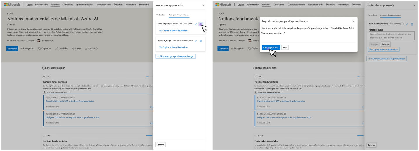 Capture d’écran de la suppression d’un groupe d’apprentissage via la page Gérer les plans.