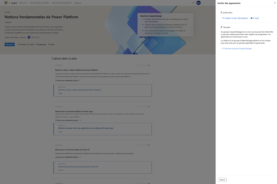 Capture d’écran de l’option permettant d’inviter des apprenants au plan.