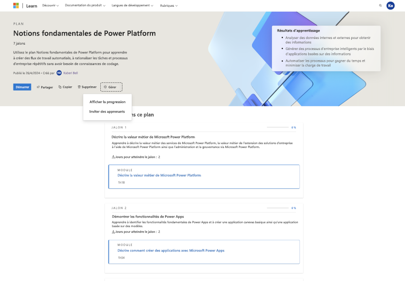 Capture d’écran de l’invitation d’apprenants à votre plan. Une fois le plan publié, un bouton « Gérer » devient disponible. Si vous cliquez dessus, il présente une option permettant d’inviter des apprenants.