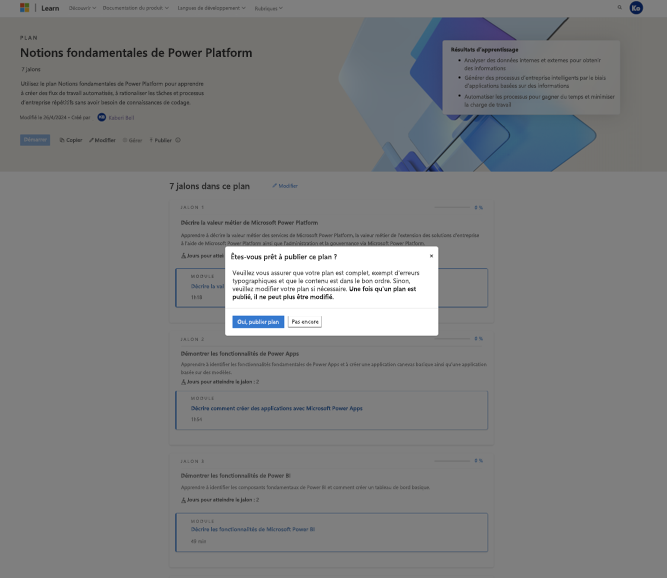 Capture d’écran de la boîte de dialogue modale pour confirmer que vous êtes prêt à publier le plan.