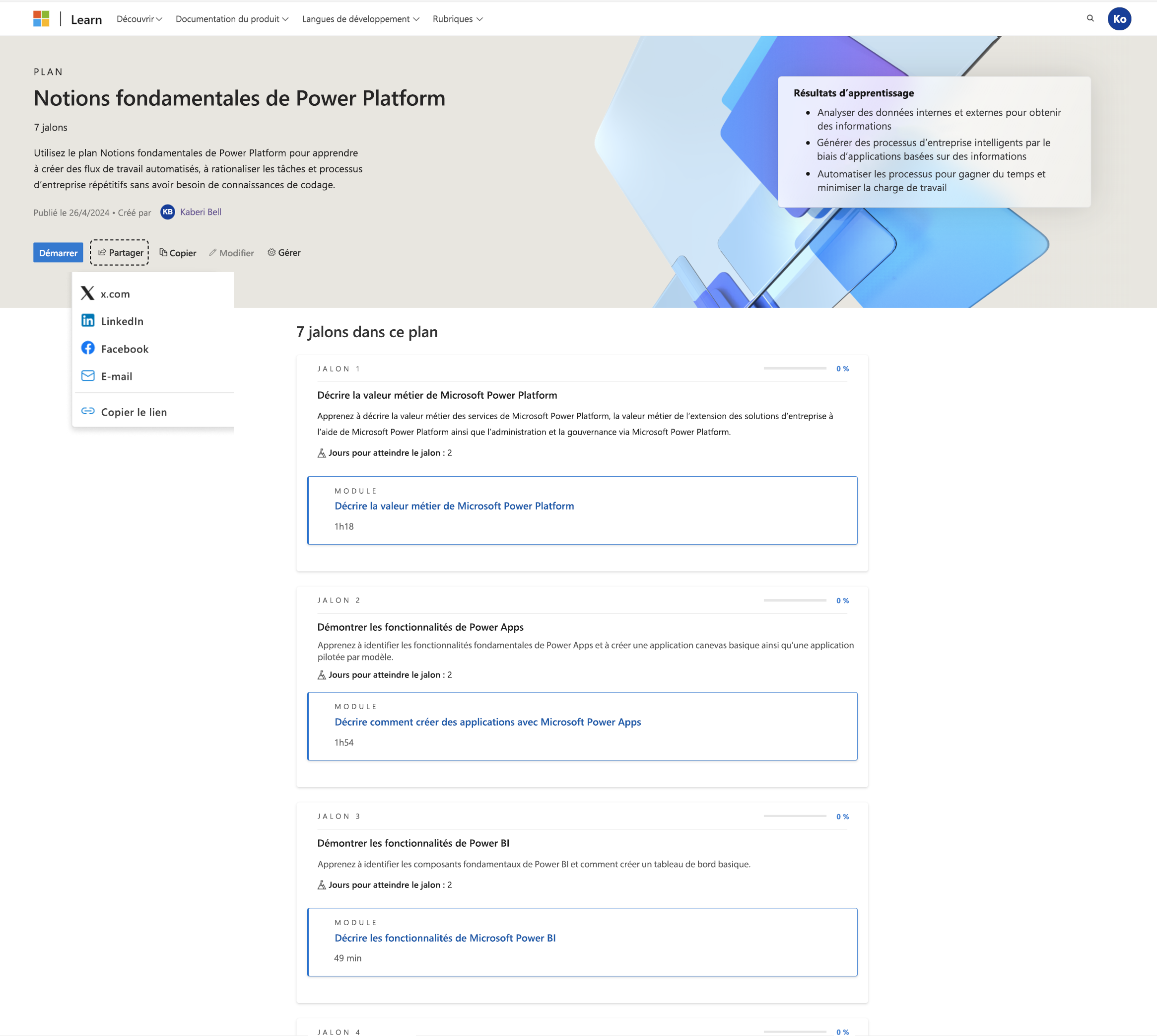 Capture d’écran d’un profil utilisateur dans Learn où ils peuvent voir leur activité pour tous les plans qu’ils ont commencés.