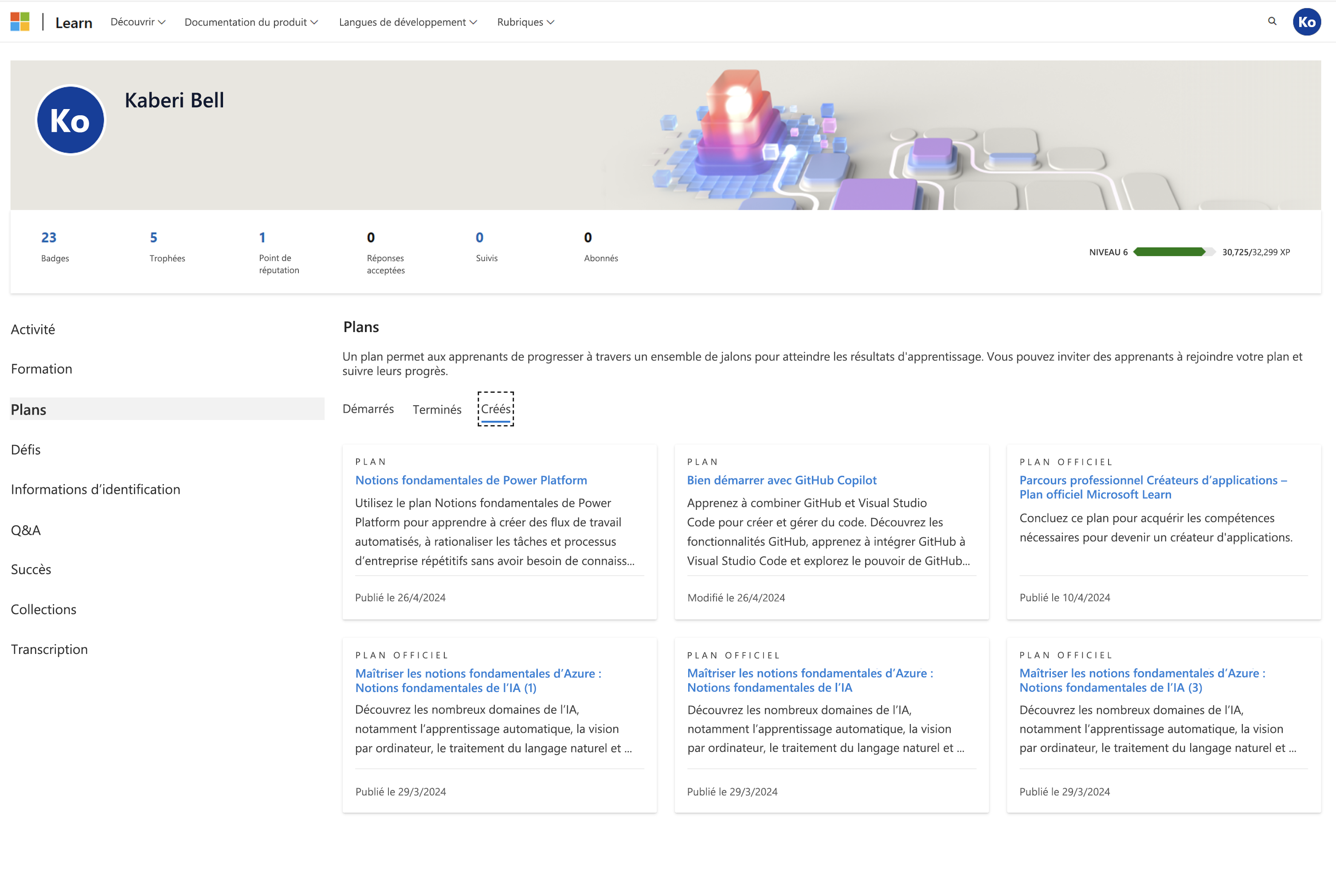 Capture d’écran d’un profil utilisateur Learn dans lequel l’activité Plans est affiché. Les plans créés sont affichés sous l’onglet « Créé ».