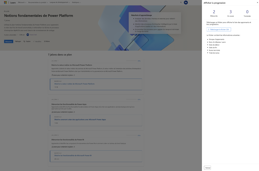 Capture d’écran de l’affichage de la progression des apprenants via la page Gérer les plans.