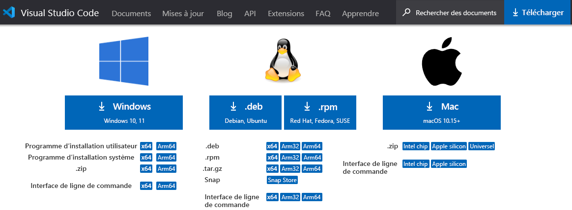 Capture d’écran du site web Visual Studio Code montrant les téléchargements disponibles dans Linux, macOS et Windows.