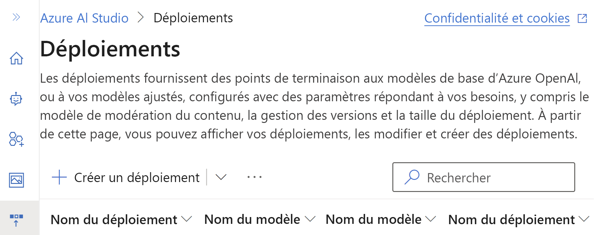 Capture d’écran de la page de déploiements Azure OpenAI.