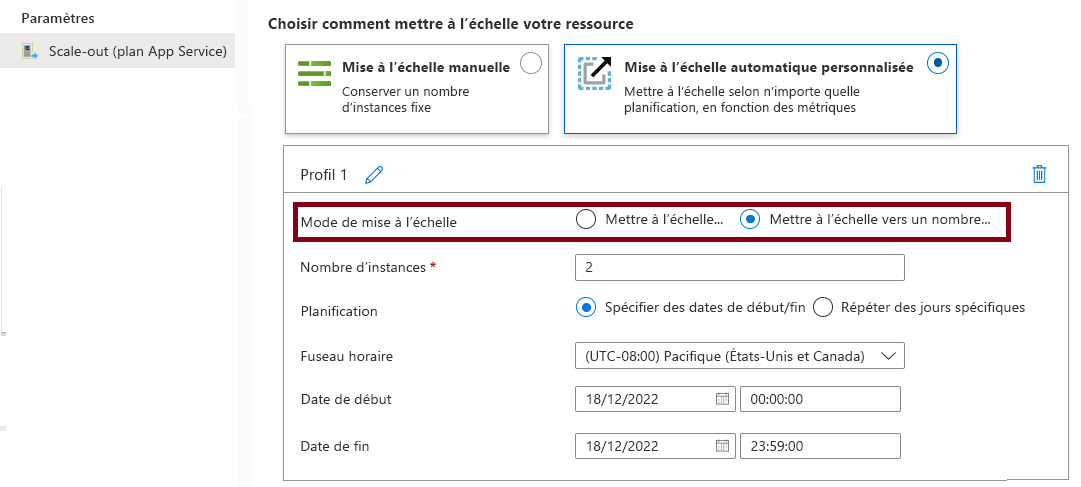 Capture d’écran montrant comment créer une condition de mise à l’échelle automatique dans le portail Azure, y compris les paramètres du mode de mise à l’échelle et du nombre d’instances.