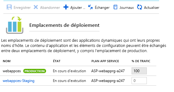 Capture d’écran montrant comment utiliser des emplacements de déploiement dans le portail Azure.