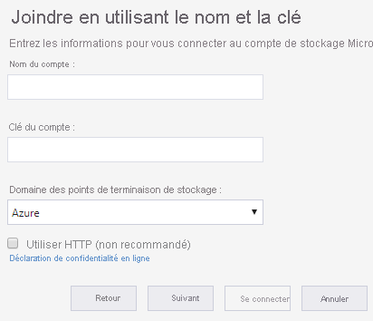 Capture d’écran de l’Assistant Explorateur Stockage Azure pour se connecter à un compte de stockage externe.