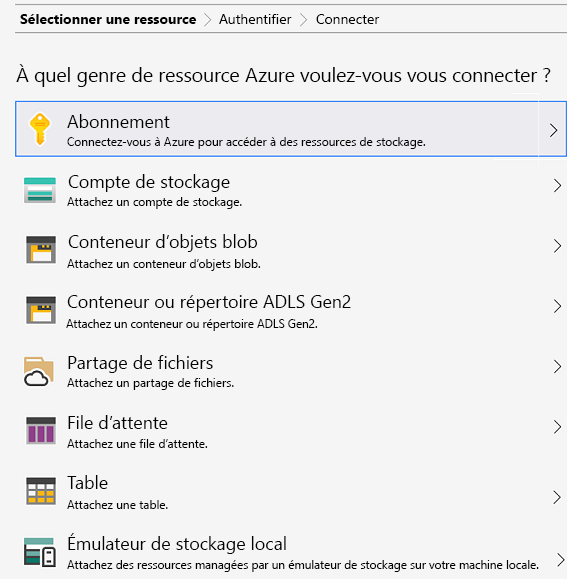 Capture d’écran de la page de gestion des comptes de l’Explorateur Azure.