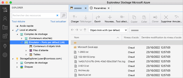 Capture d’écran de l’Explorateur Stockage Azure montrant le compte de stockage de l’émulateur ouvert, qui a un dossier et plusieurs documents. Les informations de niveau d’accès sont visibles.