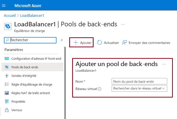 Capture d’écran montrant comment configurer des pools de back-ends dans le portail Azure.