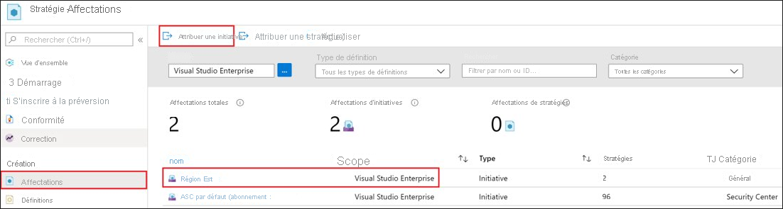 Capture d’écran qui montre comment attribuer une définition d’initiative aux ressources ou groupes ou ressources pour établir l’étendue.