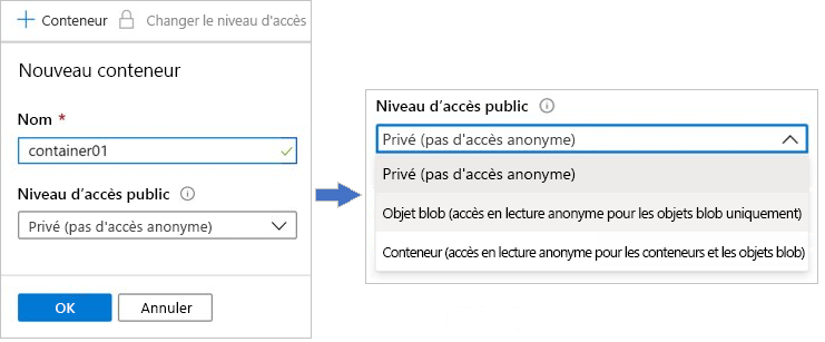 Capture d’écran montrant la page de création de conteneur et les choix de niveau d’accès public dans le Portail Azure.