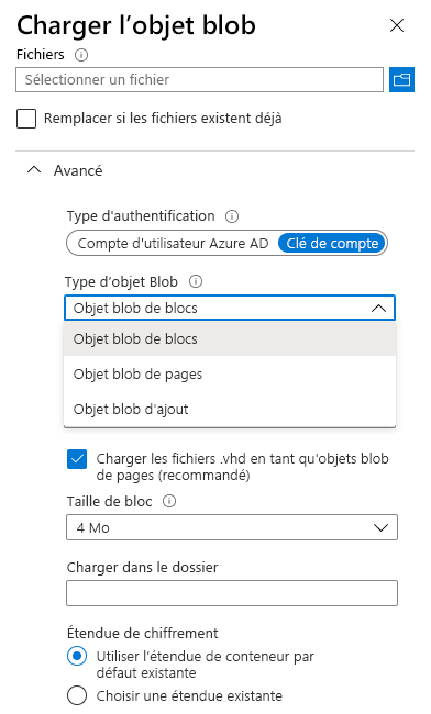 Capture d’écran de la page Charger l’objet blob montrant le type d’authentification, les types d’objet blob et la taille de bloc.