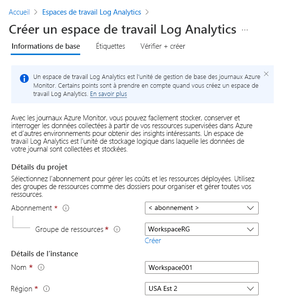 Capture d’écran montrant comment créer un espace de travail Log Analytics dans le portail Azure.