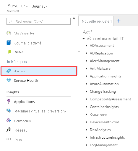 Capture d’écran montrant un exemple de journaux Azure Monitor dans le portail Azure.