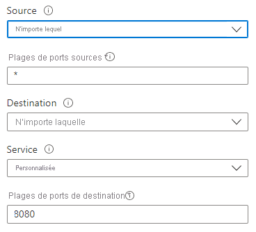 Capture d’écran montrant comment configurer les paramètres de source et de destination pour créer une règle de sécurité dans le portail Azure.