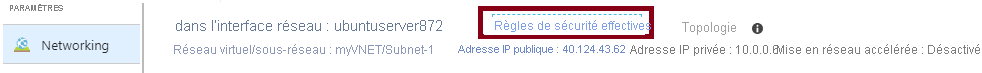 Capture d’écran de la page Réseau dans le portail Azure, montrant le lien Règles de sécurité effectives en surbrillance.