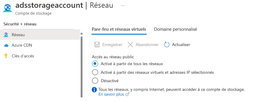 Capture d’écran de Pare-feux de compte de stockage et paramètres de réseaux virtuels dans le Portail Azure.