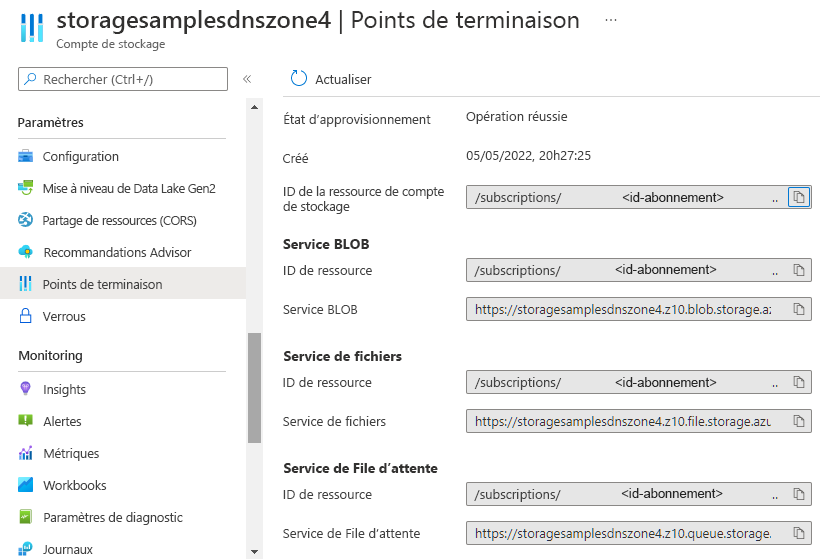 Capture d’écran des URL de points de terminaison de service dans le Portail Azure.