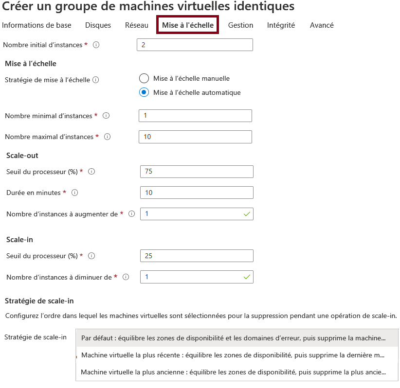 Capture d’écran des paramètres de configuration des instances de machines virtuelles et de la mise à l’échelle automatique dans le portail Azure.