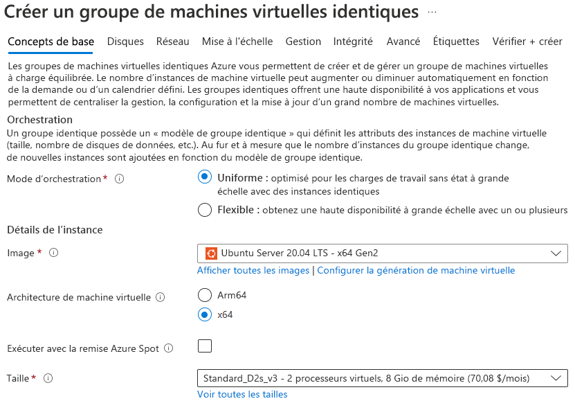 Capture d’écran montrant comment créer des groupes de machines virtuelles identiques dans le portail Azure.