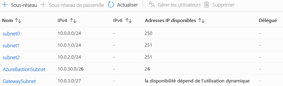 Capture d’écran montrant plusieurs sous-réseaux pour un réseau virtuel dans le portail Azure.