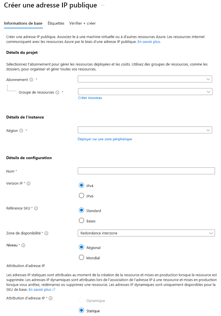 Screenshot that shows how to create a public IP address in the Azure portal.