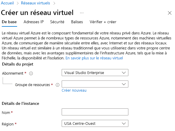 Screenshot that shows how to create a virtual network in the Azure portal.