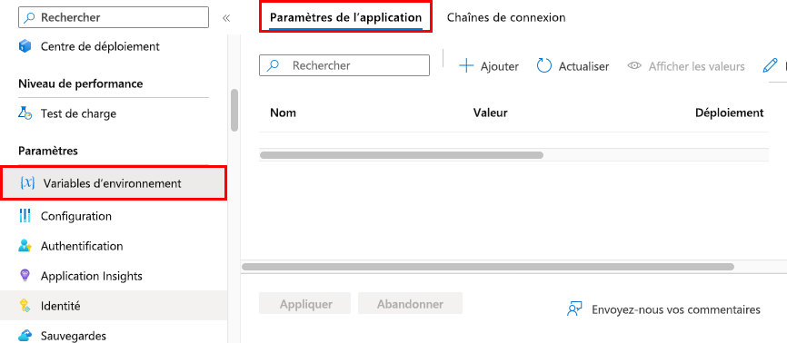 Navigation dans les variables d’environnement > paramètres d’application