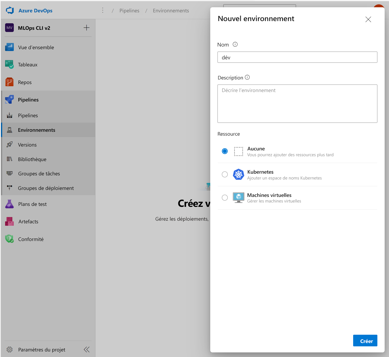 Capture d’écran montrant la création d’un environnement dans Azure DevOps.