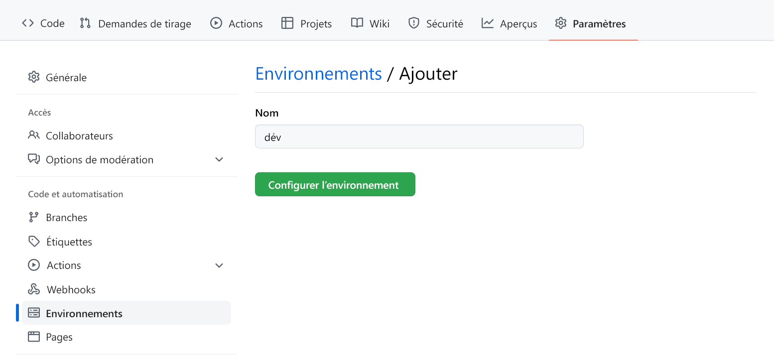 Capture d’écran montrant la création d’un environnement dans GitHub.