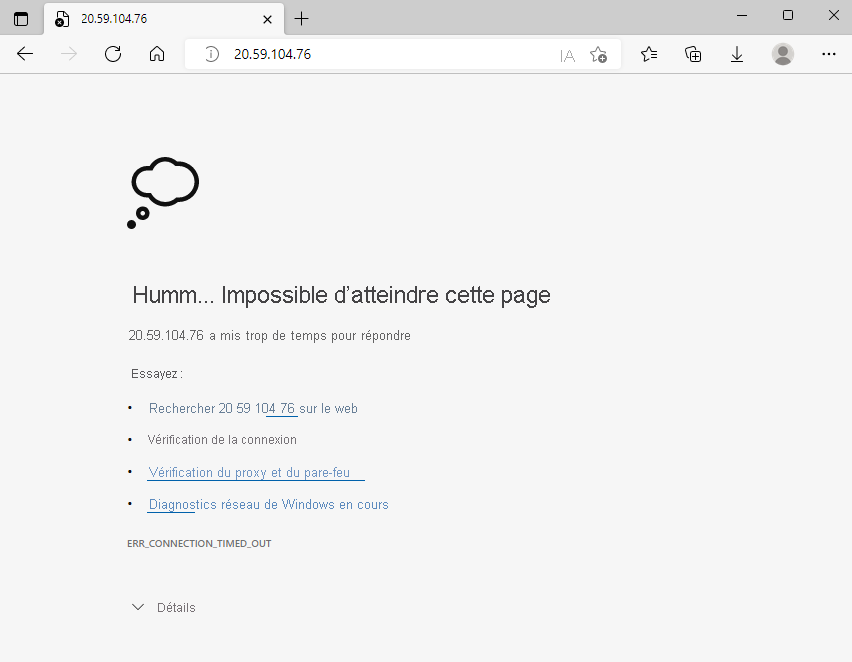 Capture d’écran d’un navigateur web présentant un message d’erreur qui indique que la connexion a expiré.