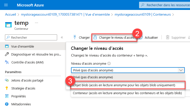 Capture d’écran avec mise en évidence de Changer le niveau d’accès.