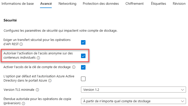 Capture d’écran montrant comment activer des conteneurs à accès anonyme sur un compte de stockage.