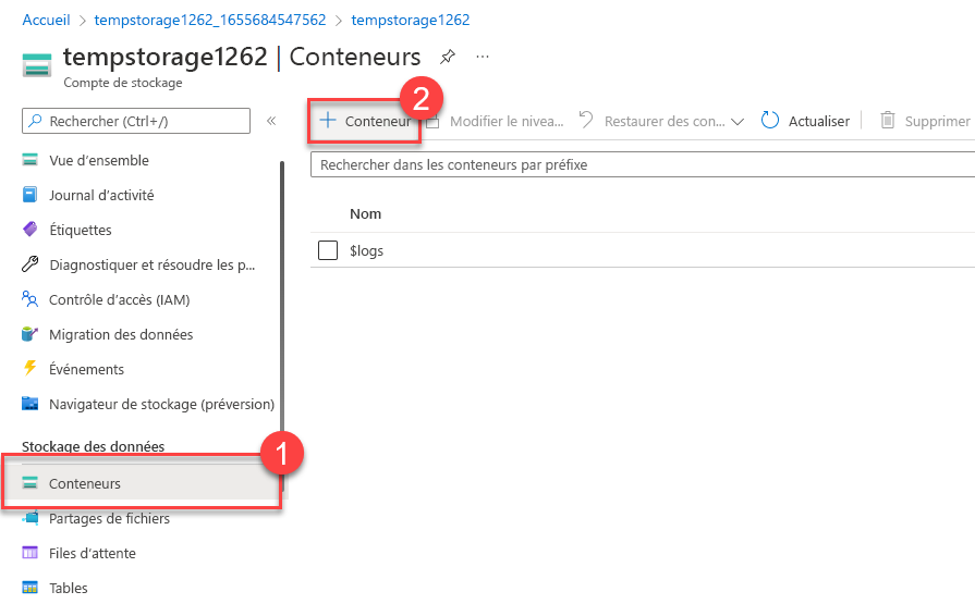 Capture d’écran de la section Ajouter un conteneur d’un compte de stockage.