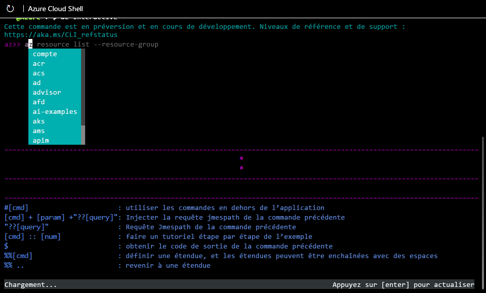 Capture d’écran du mode interactif avec la saisie semi-automatique qui propose les commandes commençant par A.