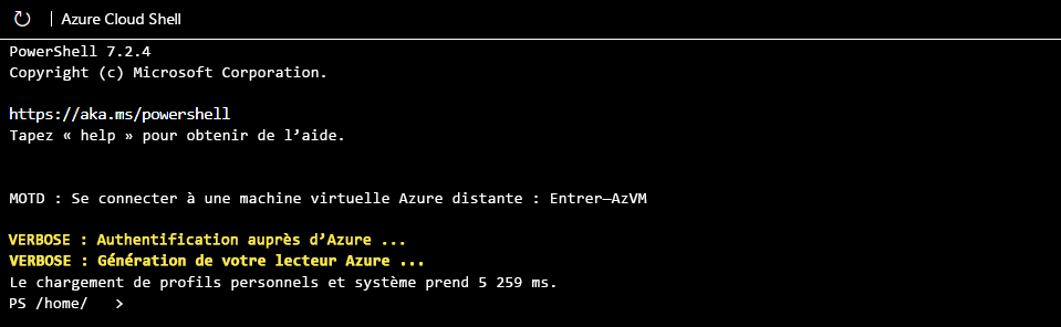 Capture d’écran de l’interface CLI Azure PowerShell au lancement initial.