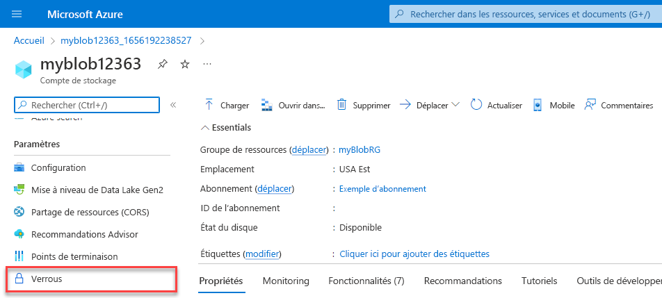 Capture d’écran montrant le contrôle des verrous de ressources, sous Paramètres, pour un compte de stockage.