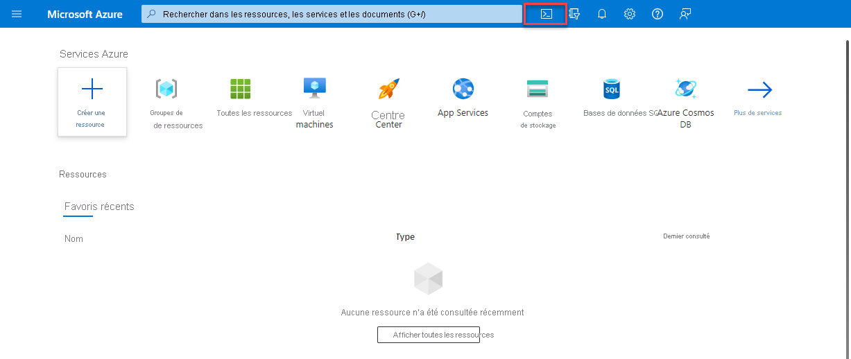 Screenshot of the Azure portal with the Cloud Shell icon emphasized.