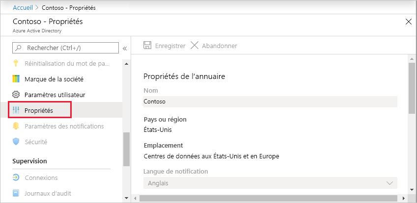 Sélectionnez Propriétés pour les propriétés Microsoft Entra.