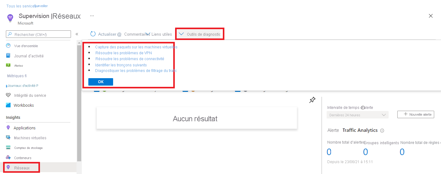 Capture d’écran d’Azure Monitor Network Insights, avec la Boîte à outils de diagnostic mise en évidence.