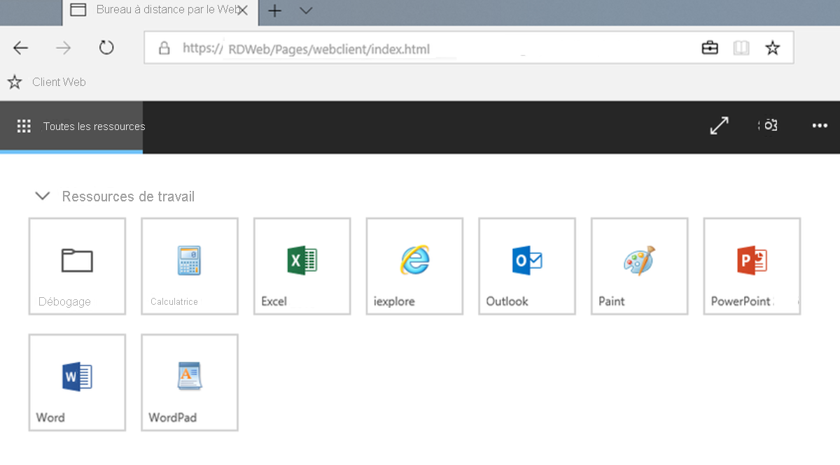 Diagramme qui affiche les applications accessibles par le client web Bureau à distance.