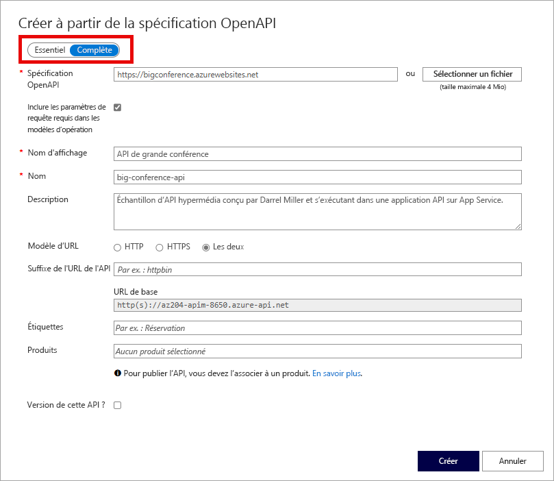 Boîte de dialogue OpenAPI. Les champs sont détaillés dans le tableau suivant.