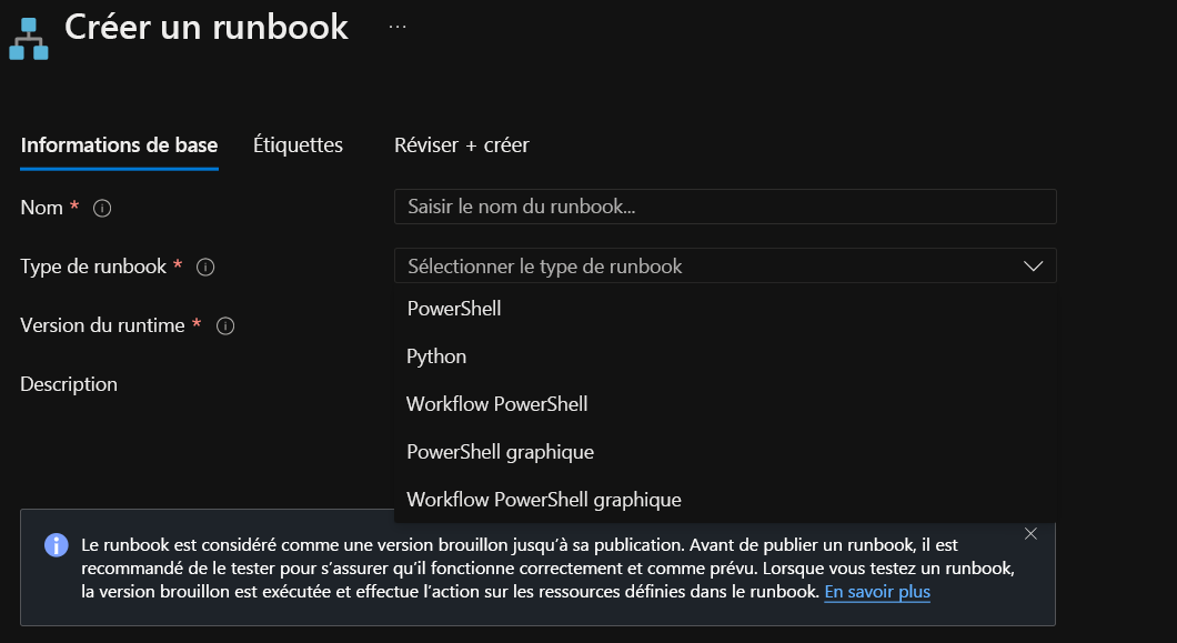 Screenshot of the Add Runbook window. In the left pane, Quick Create, create a new runbook is selected. In the right pane, the runbook type dropdown menu displays options such as PowerShell, Python 2, Graphical, and Other. Under Other is PowerShell Workflow, and Graphical PowerShell workflow.